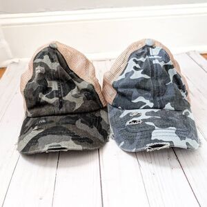 Camo Distressed Baseball Hats with Mesh Crisscross Backs
